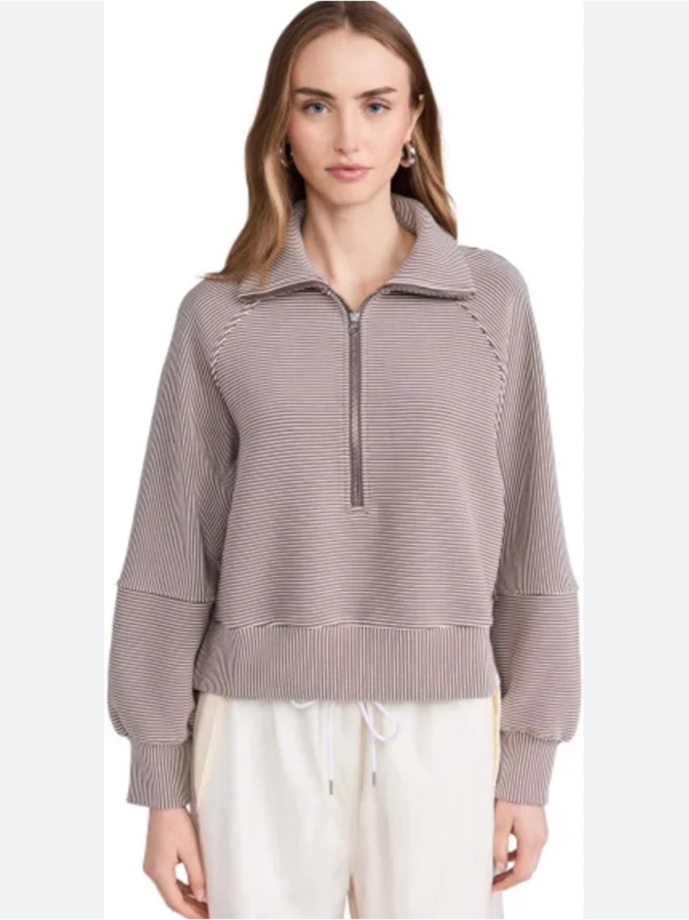 Varley Taupe Ribbed Half-Zip Pullover Sweatshirt